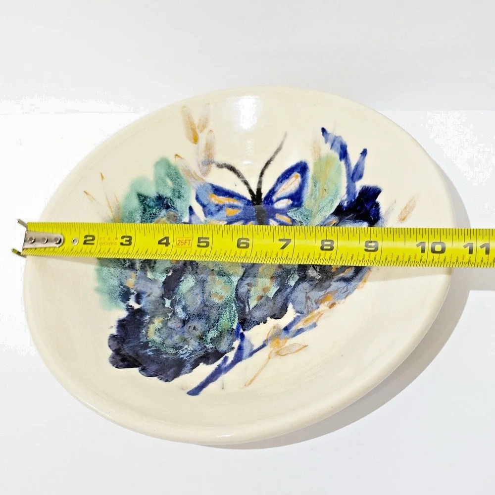 Hand Thrown Art Pottery Bowl Butterfly Iridescent Blue Green Artist Signed 10.5